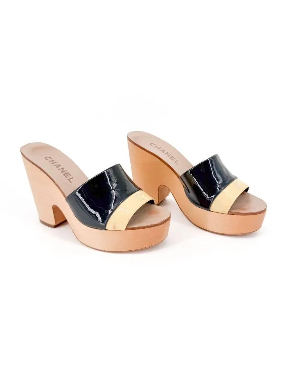 Chanel CC Wooden Wedge Mule Sandals Black Beige Patent Size 36.5 US 5.5-6